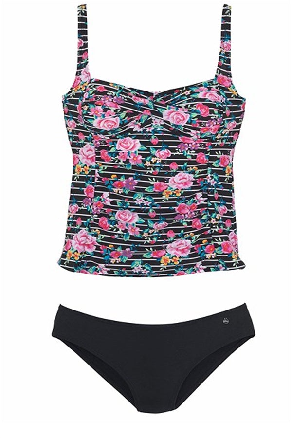 Striped Design With Floral Print Tankini Set