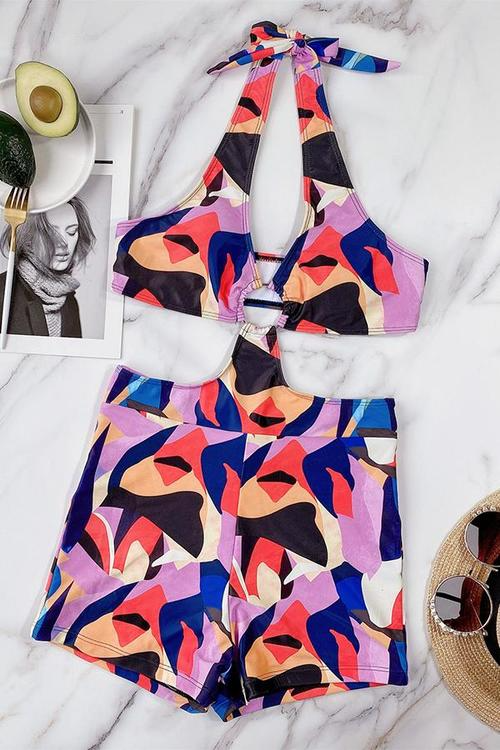 Geometric Print O-Rings Hollow Out Halter One Piece