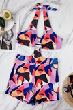 Geometric Print O-Rings Hollow Out Halter One Piece