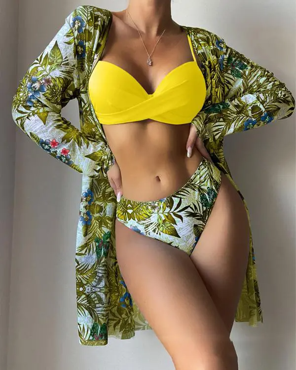 3PCS Tropical Floral Print Crisscross Bikini Set With Cover Up