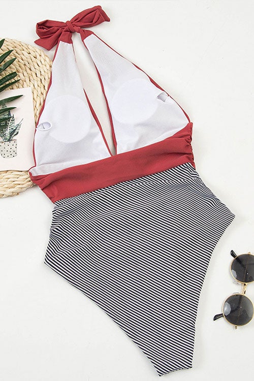 Vintage Striped Ruched Halter One Piece Swimsuit