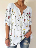 Pockets Casual Floral V Neck Blouse