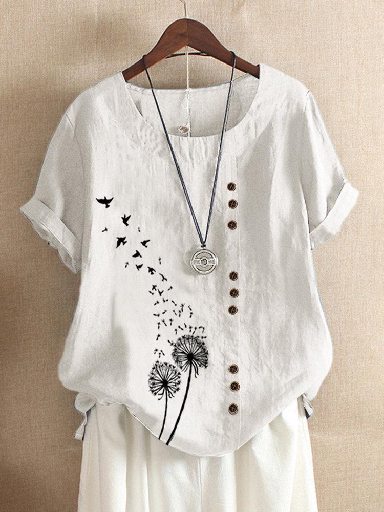 FLOWER BIRDS PRINT SHORT SLEEVE BUTTON TSHIRT