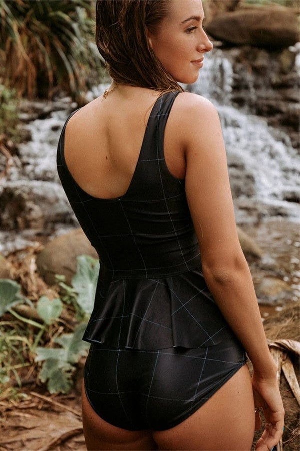 Black Plaid U-neck Tankini