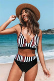 Brown Stripe Front Bralette And Asymmetric High Waist Bikini Set