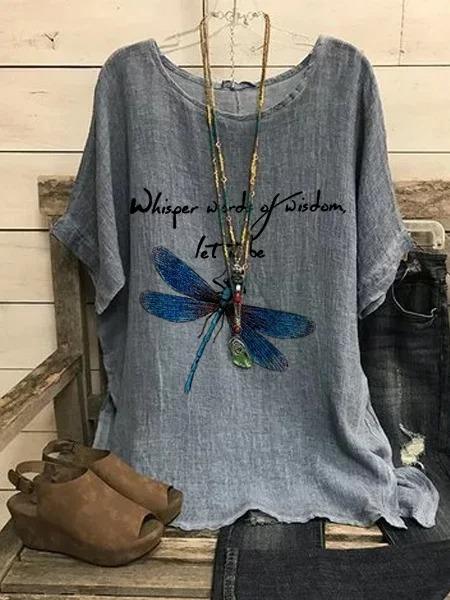 DRAGONFLY PRINTED CASUAL  SHORT SLEEVE DEEP GRAY BLOUSE& SHIRT