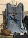 DRAGONFLY PRINTED CASUAL  SHORT SLEEVE DEEP GRAY BLOUSE& SHIRT