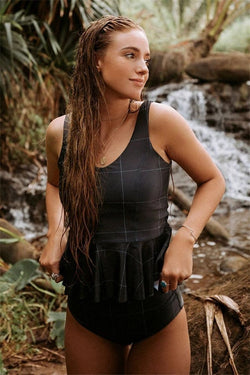 Black Plaid U-neck Tankini