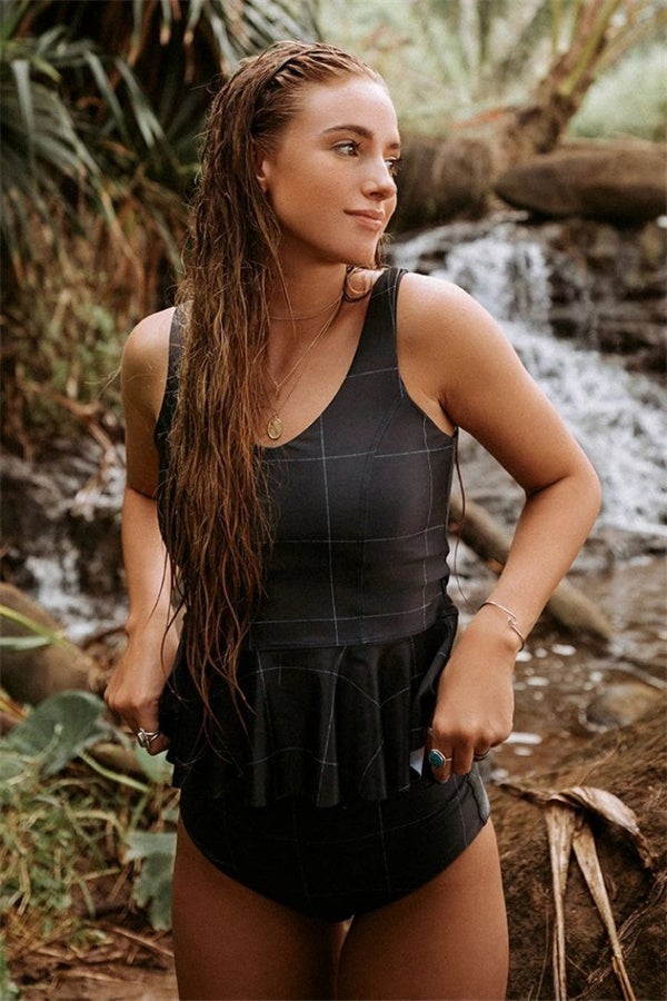 Black Plaid U-neck Tankini