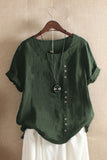 Women's Round Neck Solid Color Buttons Short Sleeves Blouse