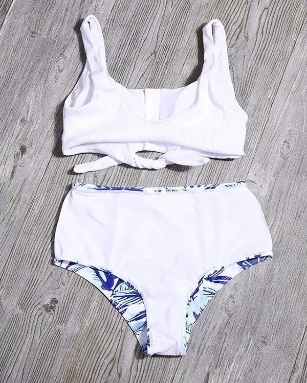 Tie Front Leaf Print High Waist Bikini Set