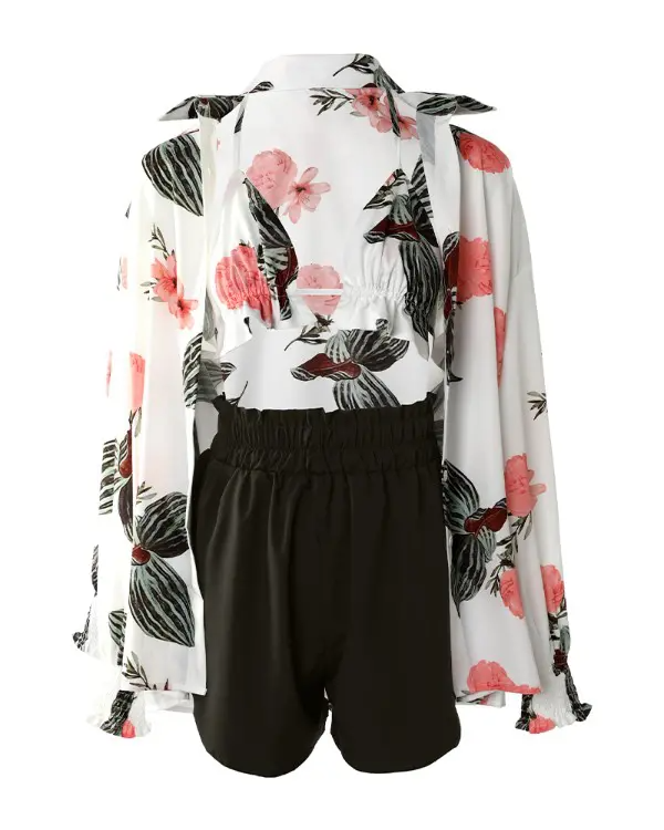 3PCS Plants Print Shirt & Shorts Set With Crop Top