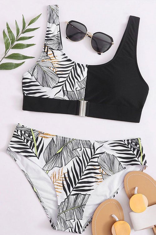 Leaf Printed Patchwork Buckle Front Bikini Set