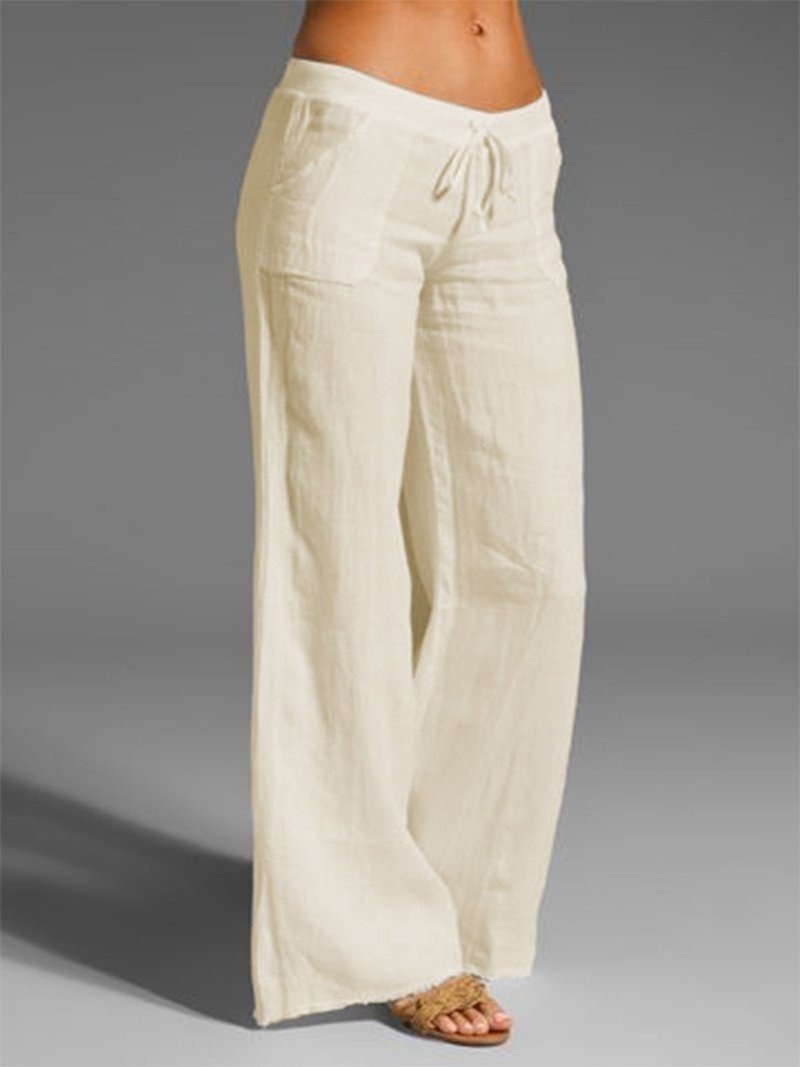 Solid Color High Waist Wide Leg Pants Women's Loose Cotton Linen Pocket Casual Pants