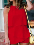 Solid Color Round Neck Ruffle Romper
