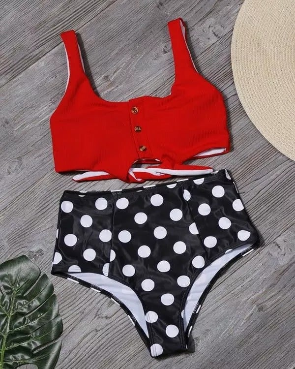 Tie Front Leaf Print High Waist Bikini Set