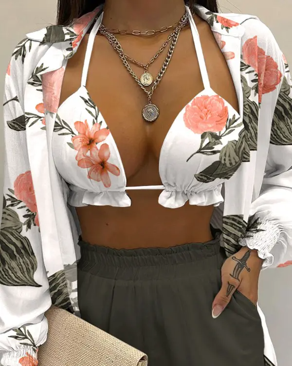 3PCS Plants Print Shirt & Shorts Set With Crop Top