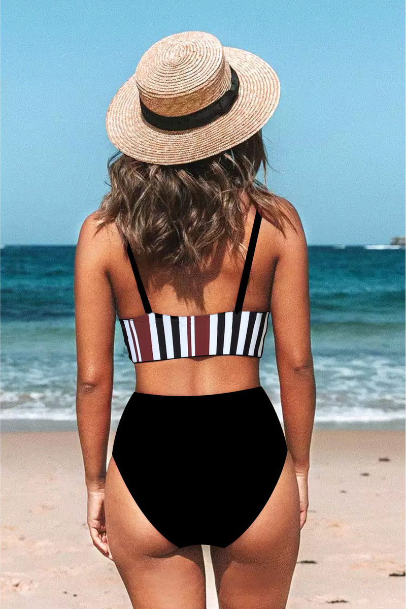 Brown Stripe Front Bralette And Asymmetric High Waist Bikini Set