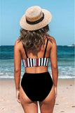 Brown Stripe Front Bralette And Asymmetric High Waist Bikini Set