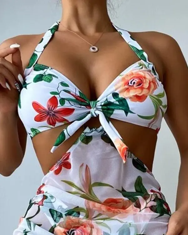 3PCS Floral Print Halter Bikini Set With Cover Up