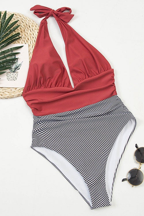 Vintage Striped Ruched Halter One Piece Swimsuit