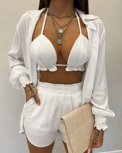 Lantern Sleeve Shirt & Pocket Design Shorts Sets With Frill Hem Crop Top