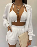 Lantern Sleeve Shirt & Pocket Design Shorts Sets With Frill Hem Crop Top