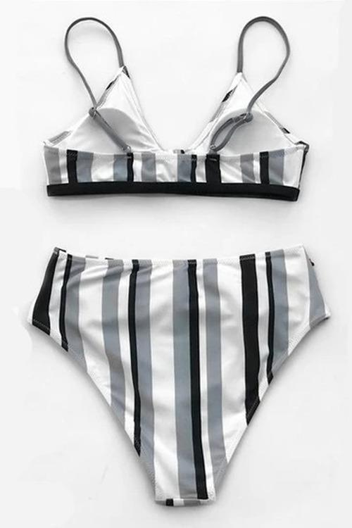 Striped High Waist Strap Bikini