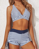 Blue White Stripes 3 Piece Tank Bathing Suits with Shorts and Bra Athletic Tankini Set