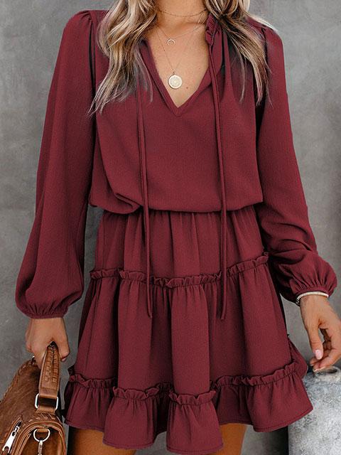 Solid Color Puff Long Sleeve Mini Dress