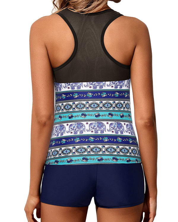 Blue Mandala Print Tankini with Shorts