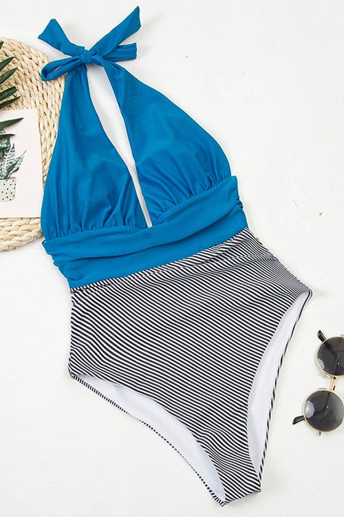 Vintage Striped Ruched Halter One Piece Swimsuit