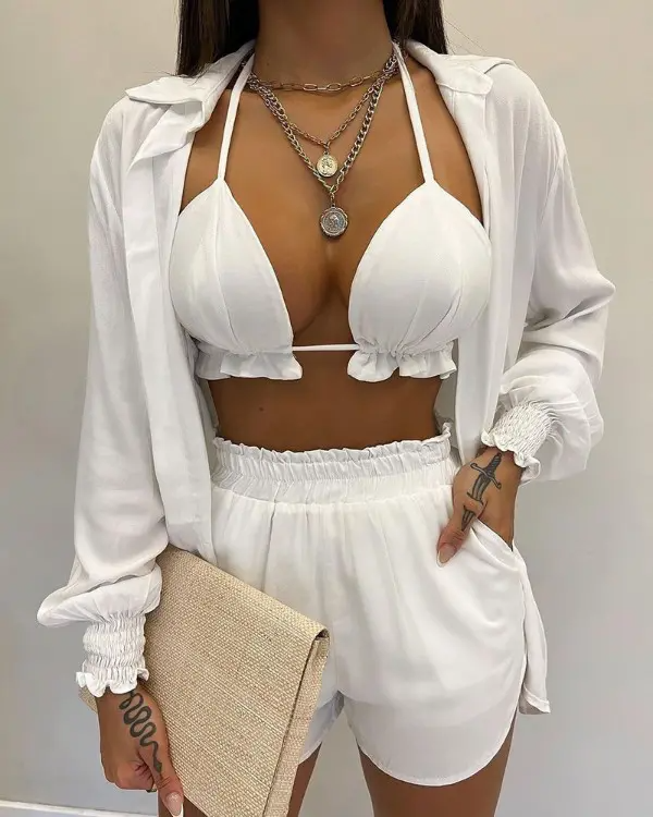 Lantern Sleeve Shirt & Pocket Design Shorts Sets With Frill Hem Crop Top