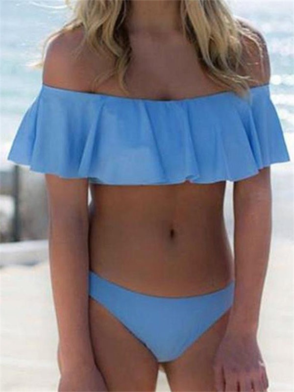 Light Blue Lotus Leaf Boat Neck Bikini Set