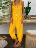 Solid Cross-back Cotton Linen Loose Jumpsuit
