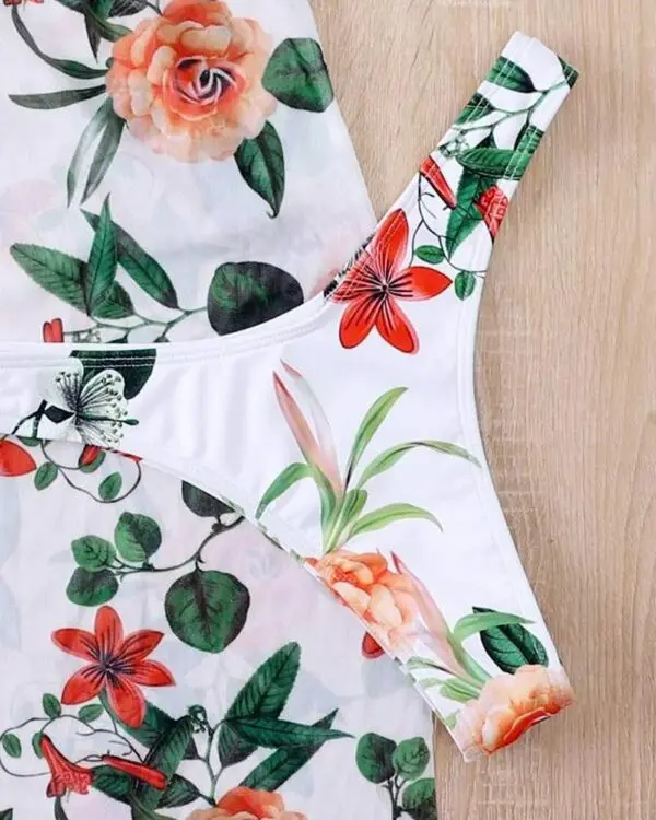 3PCS Floral Print Halter Bikini Set With Cover Up