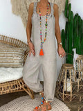 Solid Cross-back Cotton Linen Loose Jumpsuit