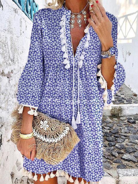 Floral Print V-Neck Tassel Stitching Boho Mini Dress