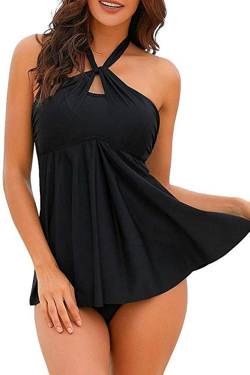 Halter or Strapless Bandeau Black Tankini Set