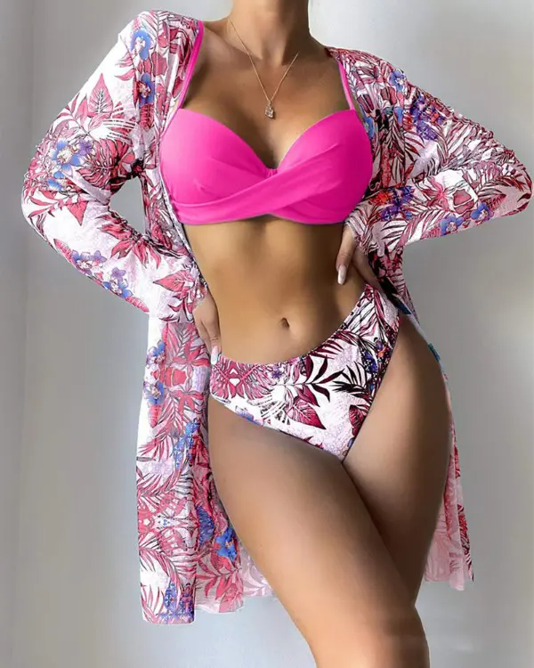 3PCS Tropical Floral Print Crisscross Bikini Set With Cover Up