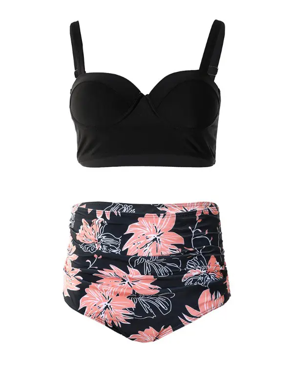 Marble Print High Waist Halter Bikini Set
