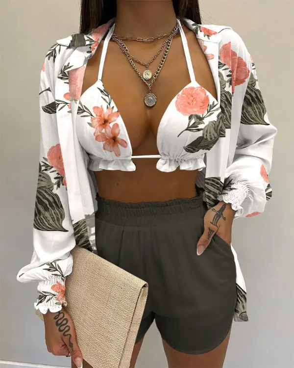 3PCS Plants Print Shirt & Shorts Set With Crop Top