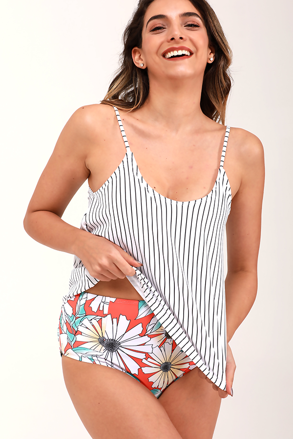White Stripe And Flower Print Tankini Set Swimsuit
