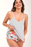 White Stripe And Flower Print Tankini Set Swimsuit
