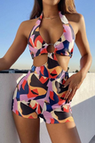 Geometric Print O-Rings Hollow Out Halter One Piece