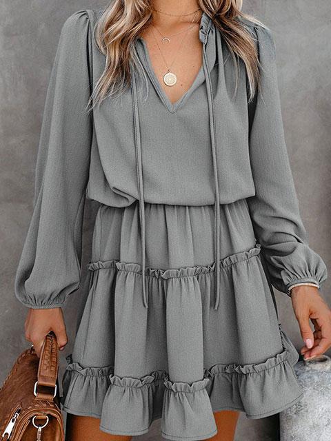 Solid Color Puff Long Sleeve Mini Dress