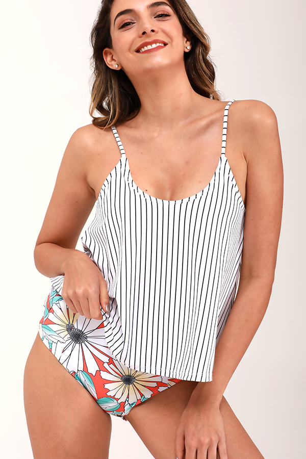 White Stripe And Flower Print Tankini Set Swimsuit
