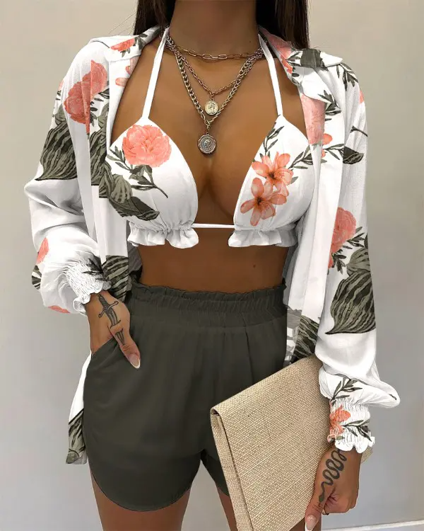 3PCS Plants Print Shirt & Shorts Set With Crop Top