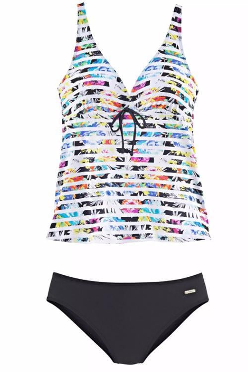 V-Neck Stripe Print Bandage Tankini