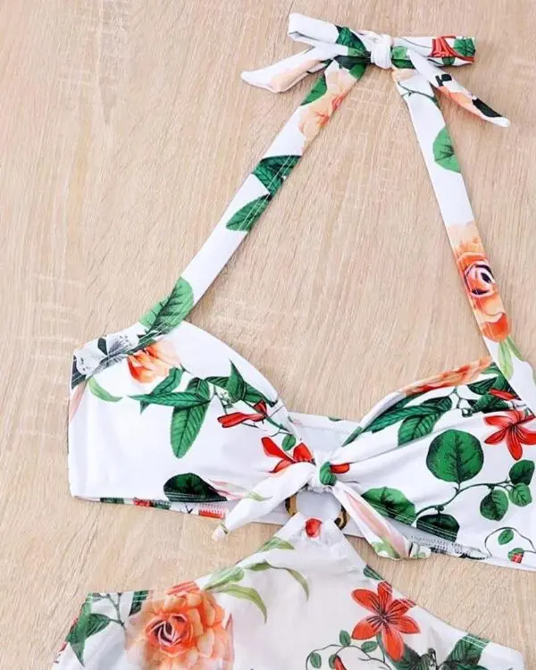 3PCS Floral Print Halter Bikini Set With Cover Up